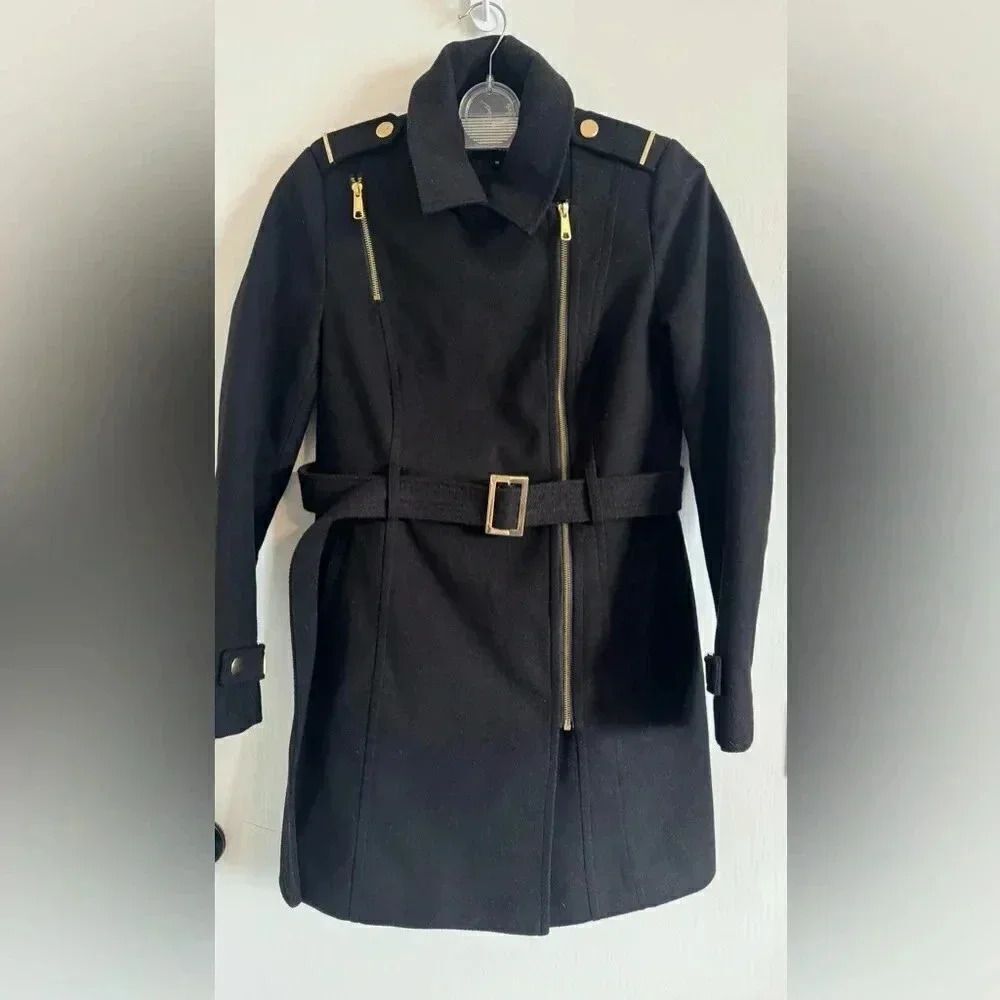 Black Rivet Pea Coat with belt | Size Medium | Black